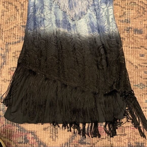 Free People light blue tie dye to ombre black lace cami with fringe accents 2 - Picture 4 of 16
